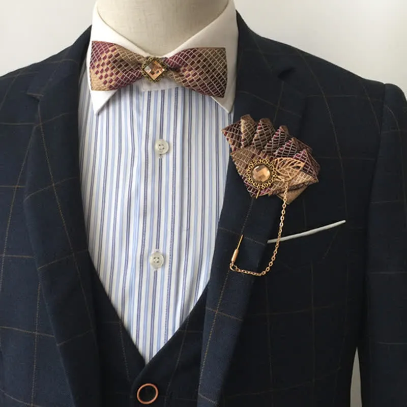 2Pcs Burgundy & Champagne Checked Pattern Pin Bow Tie Set sold by FloralTrip