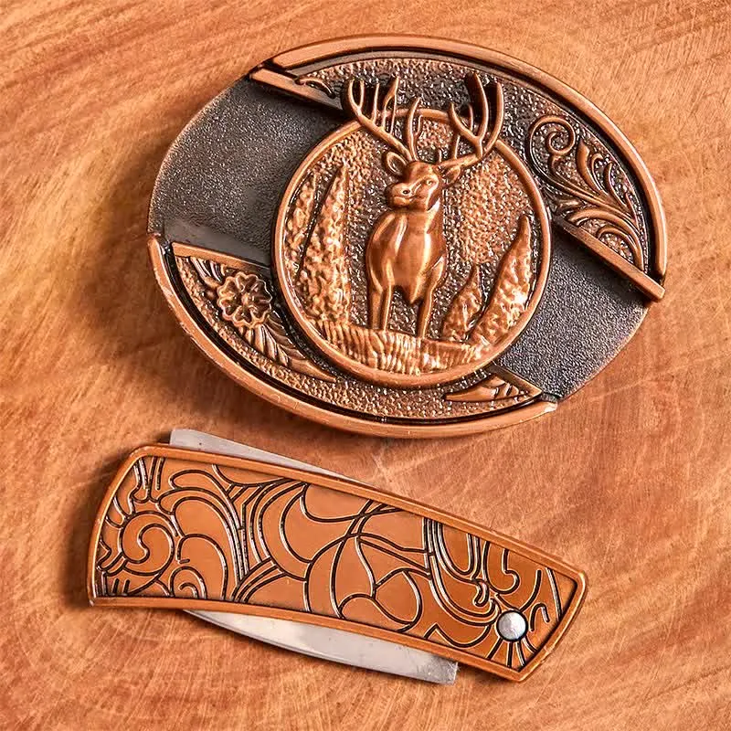Men's DIY Red Bronze Forest Deer Hidden Folding Knife Leather Belt sold by FloralTrip product image thumbnail 4