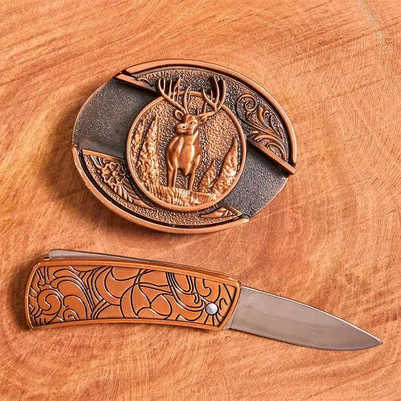 Men's DIY Red Bronze Forest Deer Hidden Folding Knife Leather Belt sold by FloralTrip product image thumbnail 2