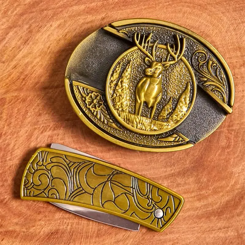 Men's DIY Bronze Forest Deer Hidden Folding Knife Leather Belt sold by FloralTrip product image thumbnail 4