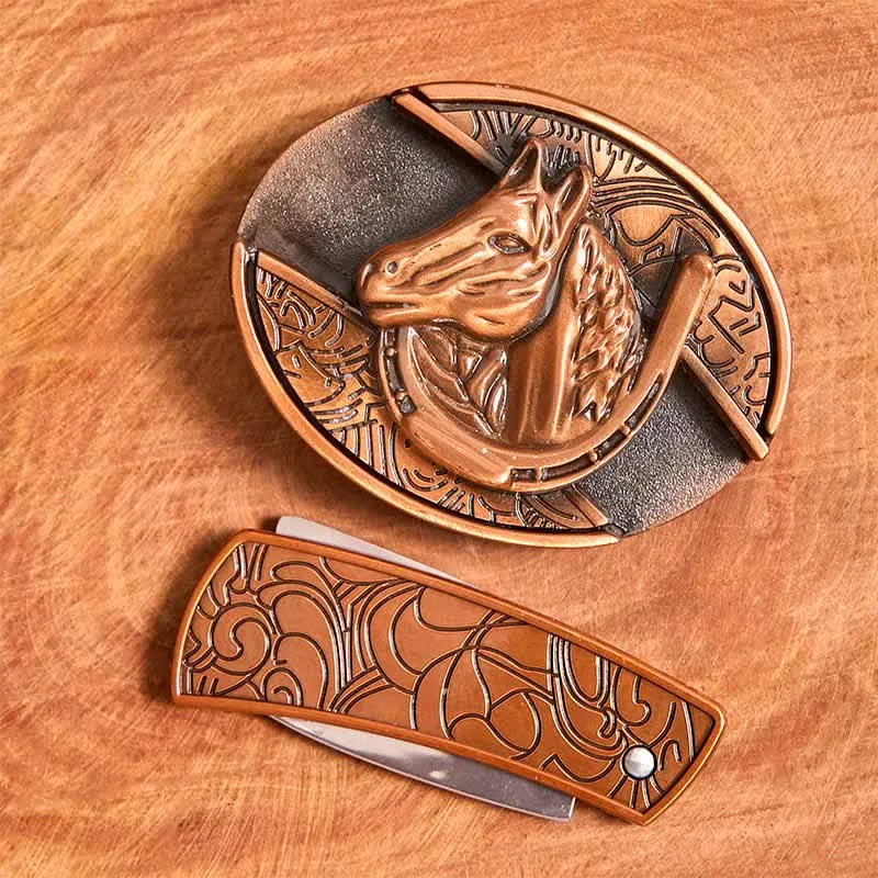 Men's DIY Red Bronze Horse Head Hidden Folding Knife Leather Belt sold by FloralTrip product image thumbnail 4