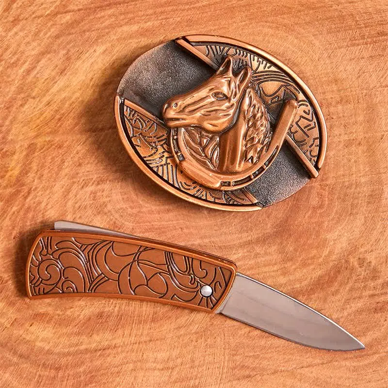 Men's DIY Red Bronze Horse Head Hidden Folding Knife Leather Belt sold by FloralTrip product image thumbnail 2