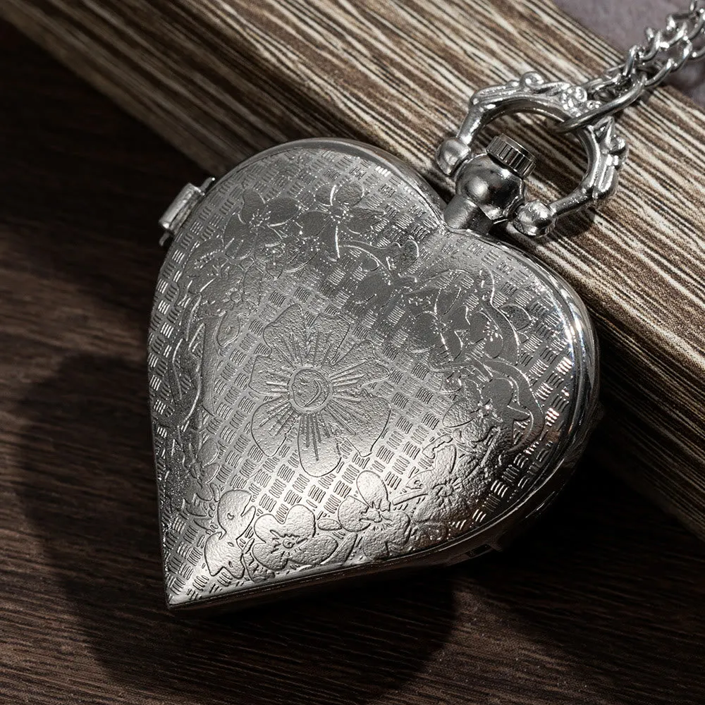 Silver Retro Couple Heart-shaped Hollow Carved Pocket Watch sold by FloralTrip product image thumbnail 4