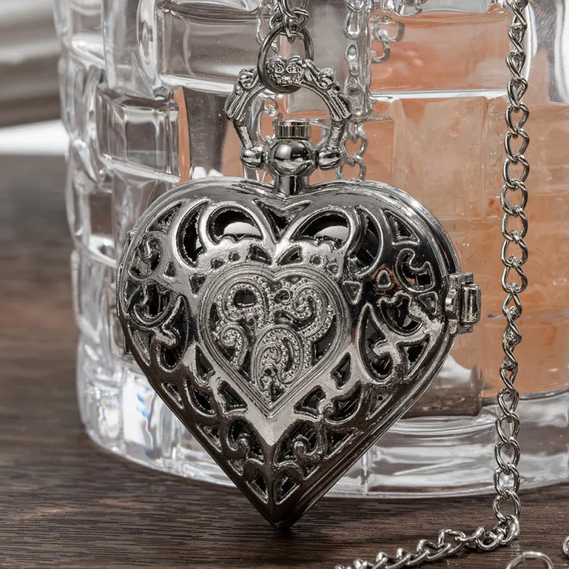 Silver Retro Couple Heart-shaped Hollow Carved Pocket Watch sold by FloralTrip