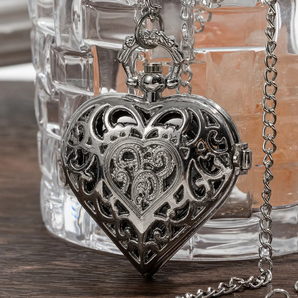 Silver Retro Couple Heart-shaped Hollow Carved Pocket Watch sold by FloralTrip