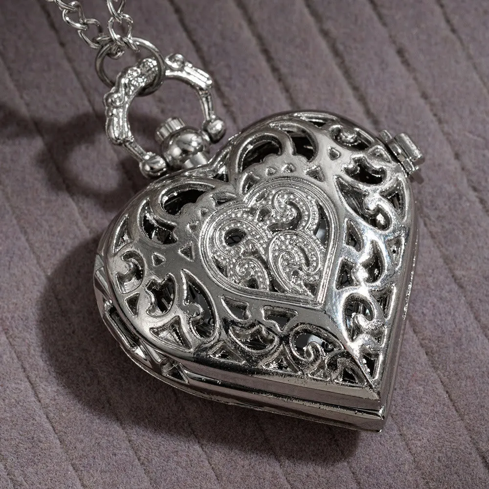 Silver Retro Couple Heart-shaped Hollow Carved Pocket Watch sold by FloralTrip product image thumbnail 2