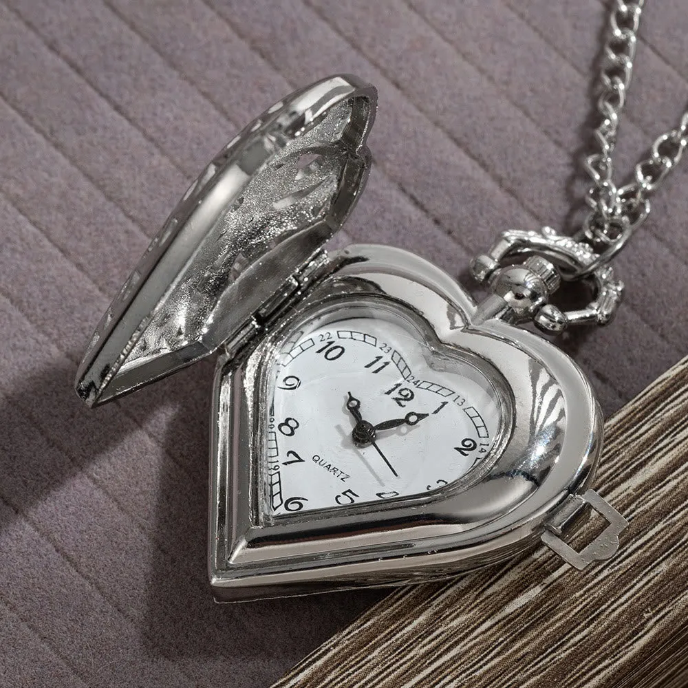 Silver Retro Couple Heart-shaped Hollow Carved Pocket Watch sold by FloralTrip product image thumbnail 3