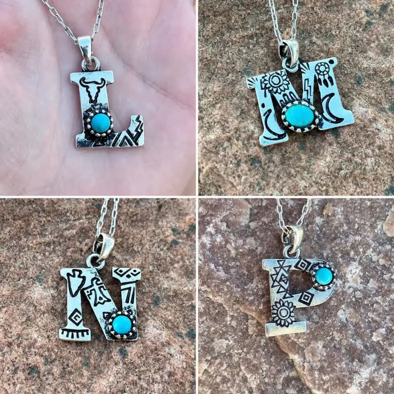 Retro Turquoise Unisex Letter Metal Necklace sold by FloralTrip product image thumbnail 5
