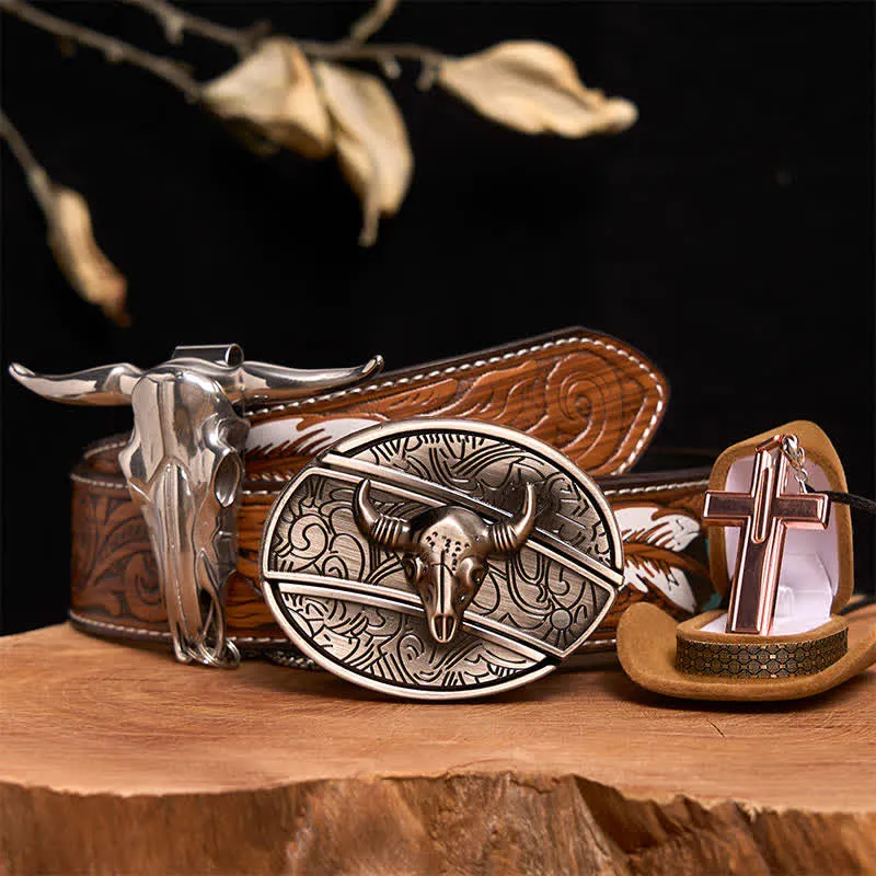 Antique Silver Bull DIY Hidden Knife Belt Buckle Cross Necklace Bundle Set sold by FloralTrip