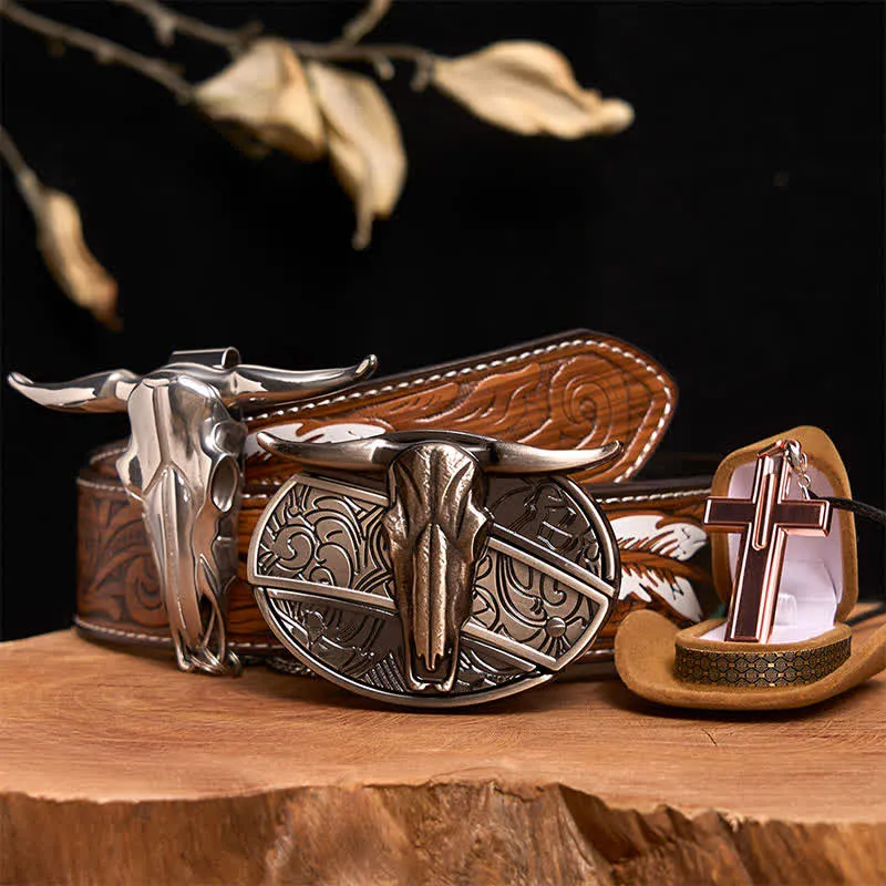 Longhorn Bull DIY Hidden Knife Belt Buckle Cross Necklace Bundle Set sold by FloralTrip