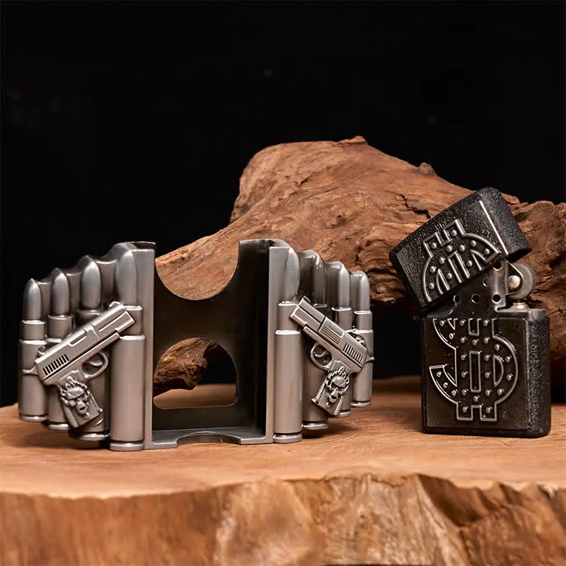 Men's DIY Silver Dual Guns & Bullets Leather Belt With Hidden Lighter sold by FloralTrip product image thumbnail 2