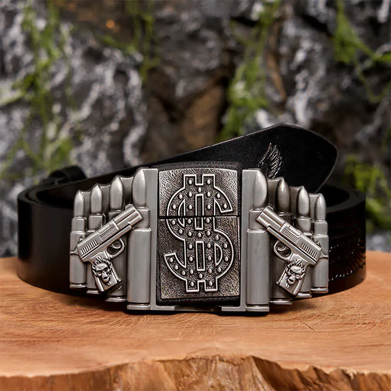 Men's DIY Silver Dual Guns & Bullets Leather Belt With Hidden Lighter sold by FloralTrip product image thumbnail 3