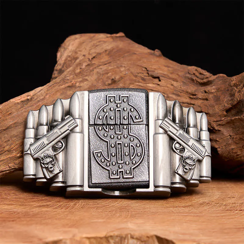 Men's DIY Silver Dual Guns & Bullets Leather Belt With Hidden Lighter sold by FloralTrip
