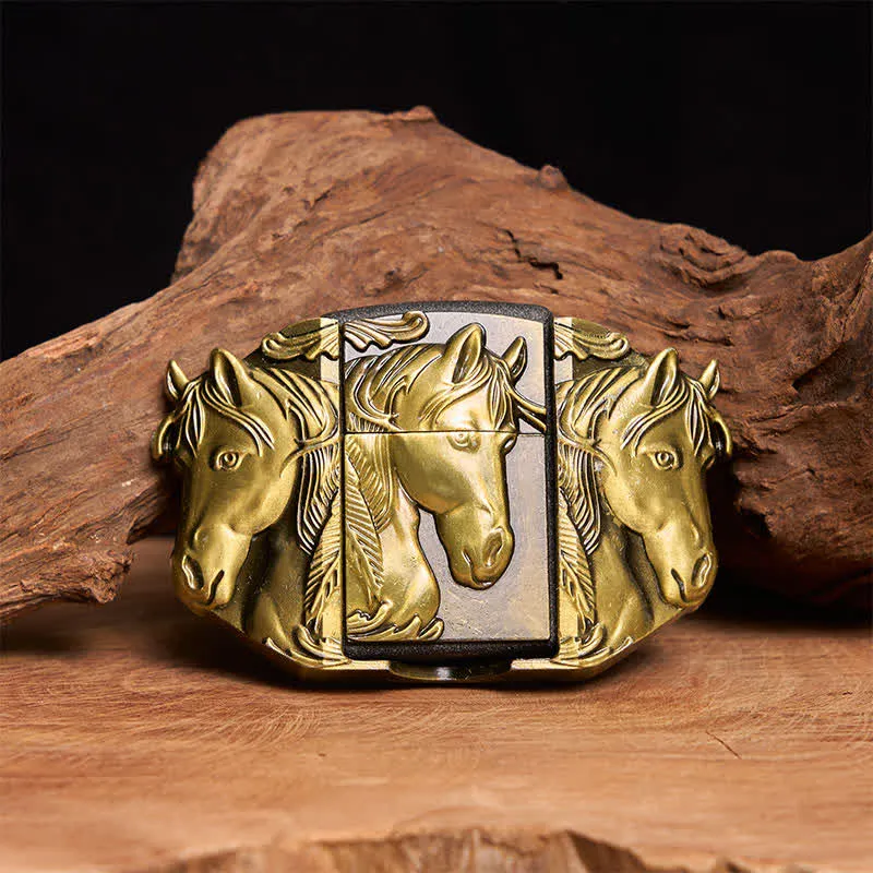 Men's DIY Bronze Triple Horses Leather Belt With Hidden Lighter sold by FloralTrip