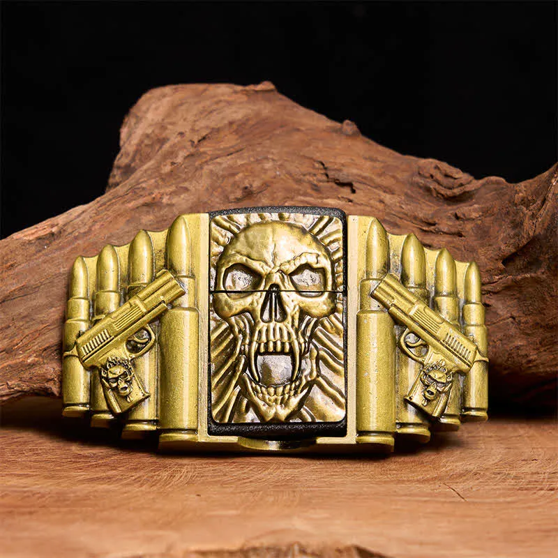 Men's DIY Bronze Scary Skull Head Leather Belt With Hidden Lighter sold by FloralTrip