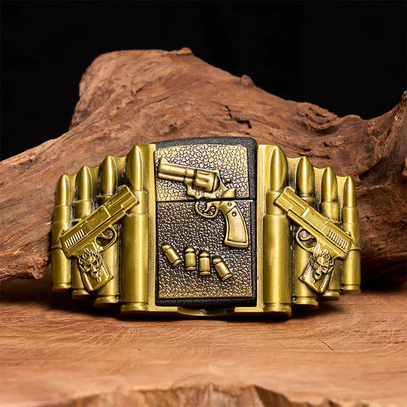 Men's DIY Bronze Loaded Gun Pattern Leather Belt With Hidden Lighter sold by FloralTrip