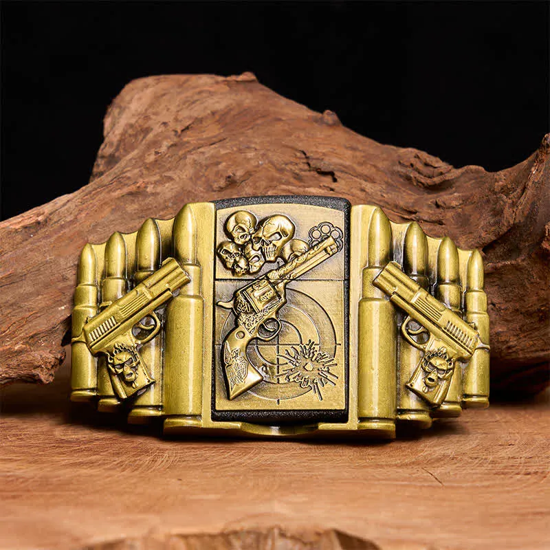Men's DIY Bronze Gun & Skull Pattern Leather Belt with Hidden Lighter sold by FloralTrip