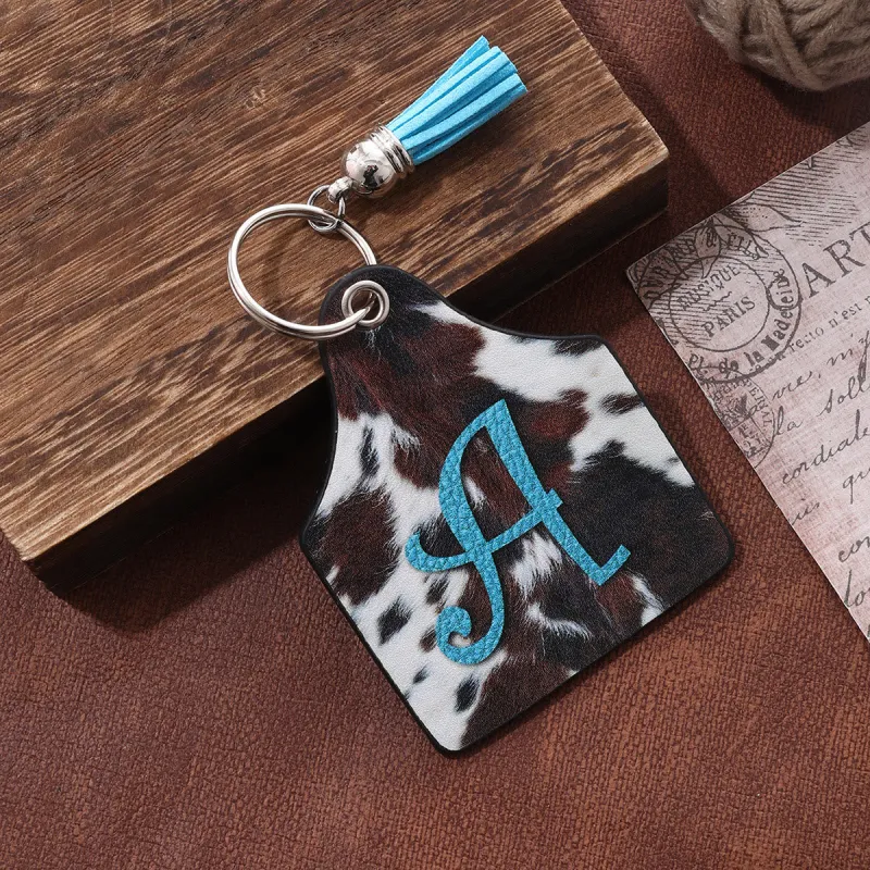Vintage Western Farm Cow Pattern&Letter Printed Leather Keychain sold by FloralTrip