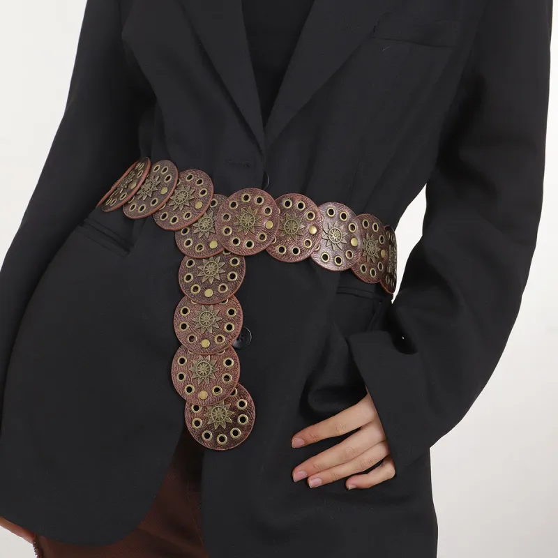 Coffee Colored Retro Street Hollow Circular Women's Leather Belt sold by FloralTrip