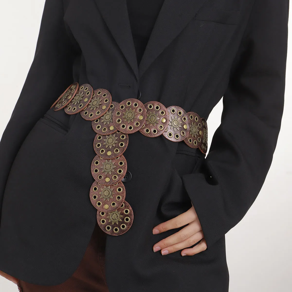 Coffee Colored Retro Street Hollow Circular Women's Leather Belt sold by FloralTrip