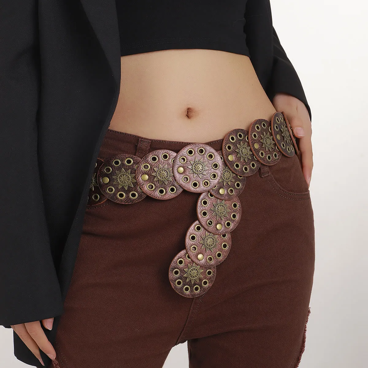 Coffee Colored Retro Street Hollow Circular Women's Leather Belt sold by FloralTrip product image thumbnail 2