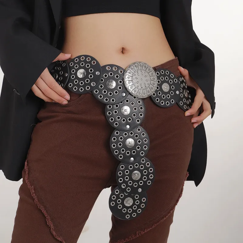 Western Style Hollow Silver Disc Women's Leather Belt sold by FloralTrip