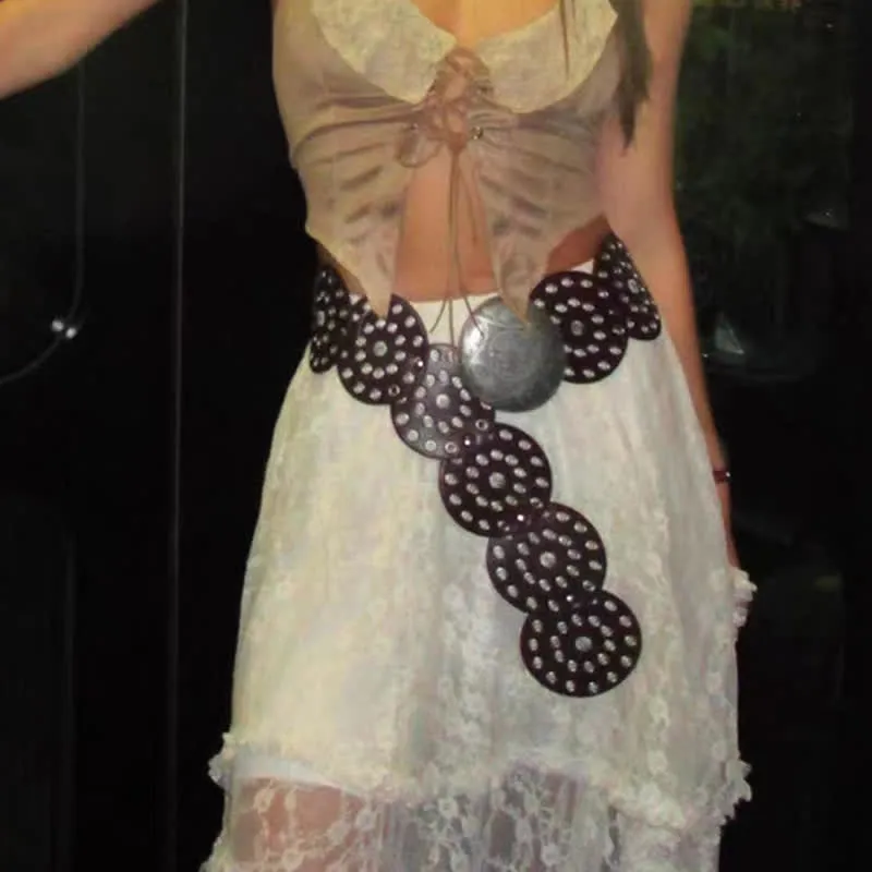 Retro Western Style Exaggerated Circular Hollow Women's Leather Belt sold by FloralTrip