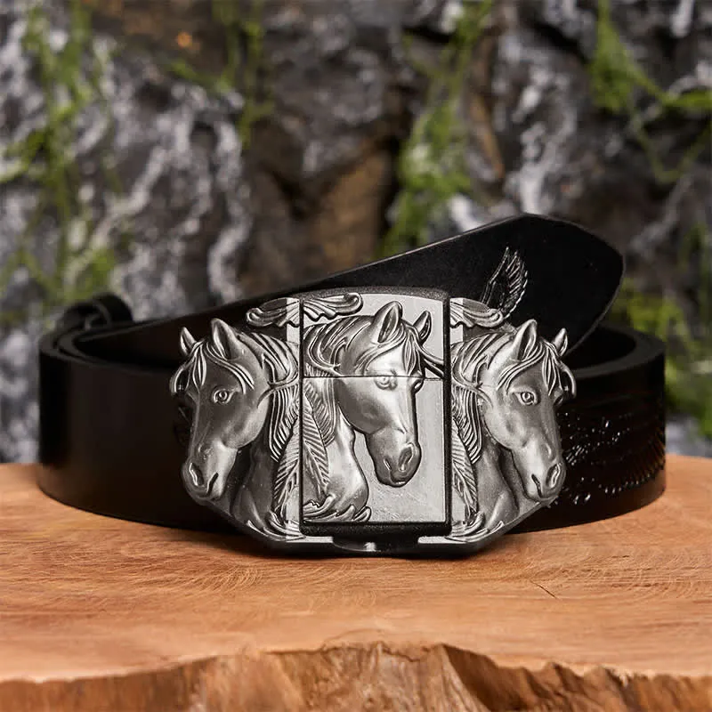 Men's DIY Silver Triple Horses Leather Belt With Hidden Lighter sold by FloralTrip product image thumbnail 3
