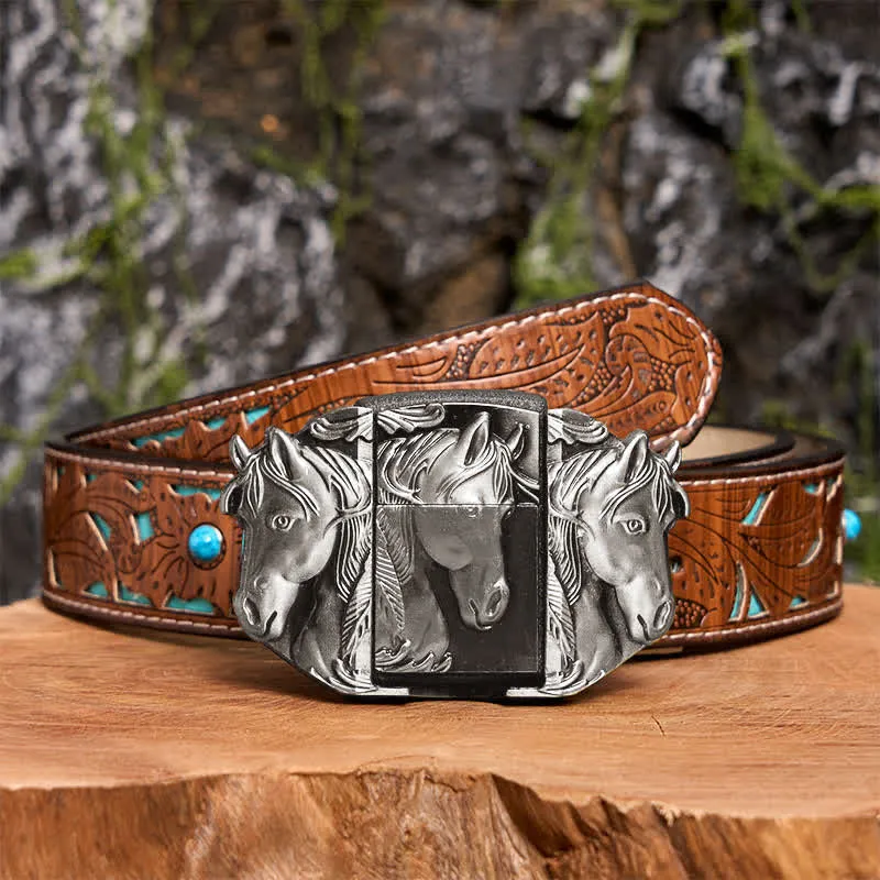 Men's DIY Silver Triple Horses Leather Belt With Hidden Lighter sold by FloralTrip product image thumbnail 4