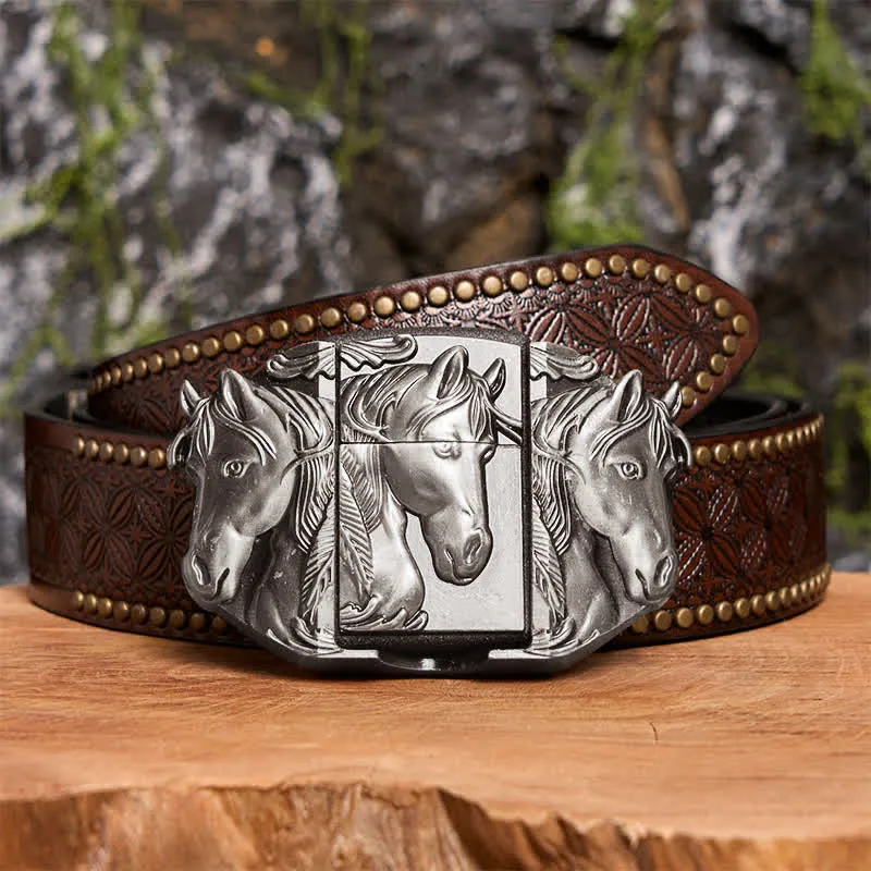 Men's DIY Silver Triple Horses Leather Belt With Hidden Lighter sold by FloralTrip product image thumbnail 5