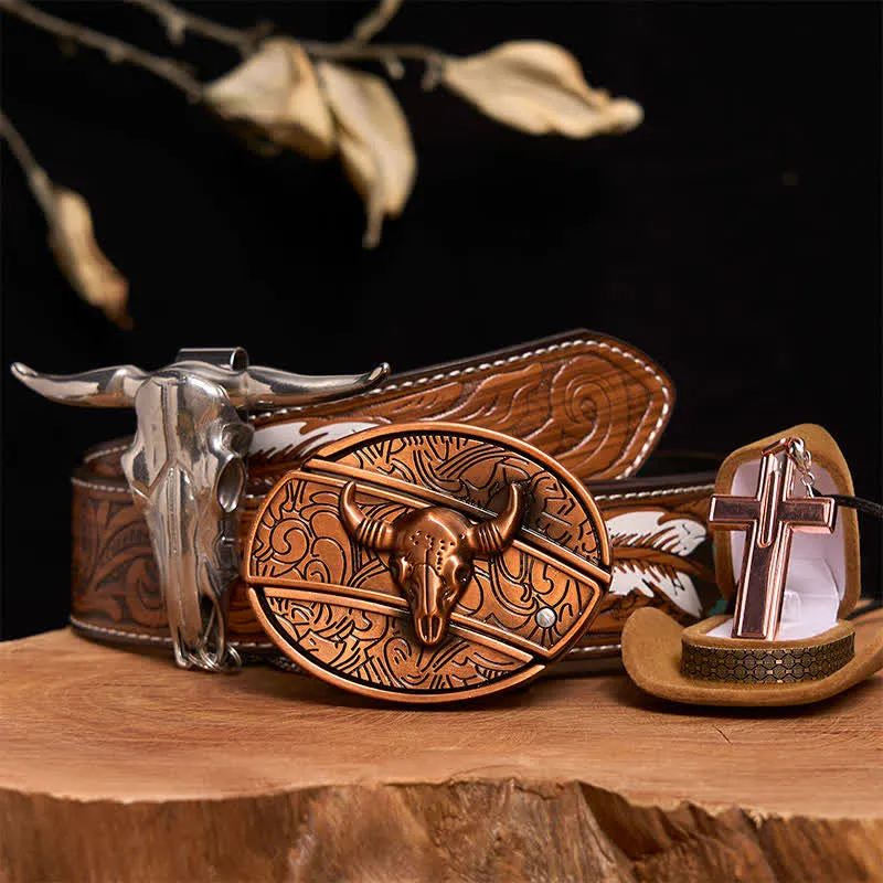 Red Bronze Bull DIY Hidden Knife Belt Buckle Cross Necklace Bundle Set sold by FloralTrip