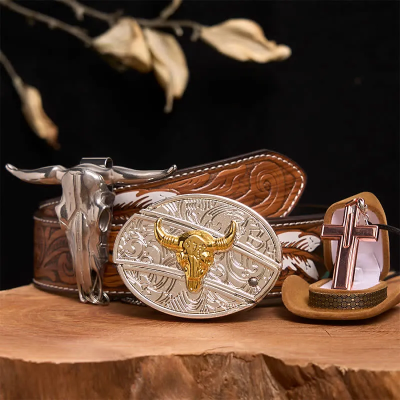 Gold & Silver Bull DIY Hidden Knife Belt Buckle Cross Necklace Bundle Set sold by FloralTrip