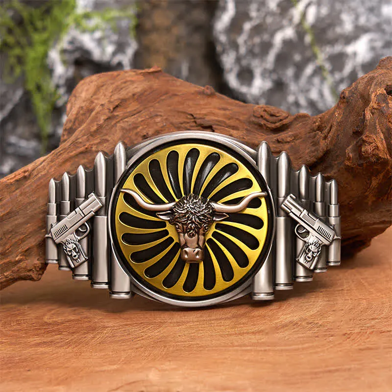 Western Silver Bull Head DIY Rotating Buckle Leather Belt sold by FloralTrip