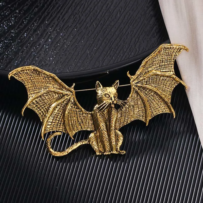 Halloween Gold & Silver Winged Cat Shaped Brooch Accessory sold by FloralTrip