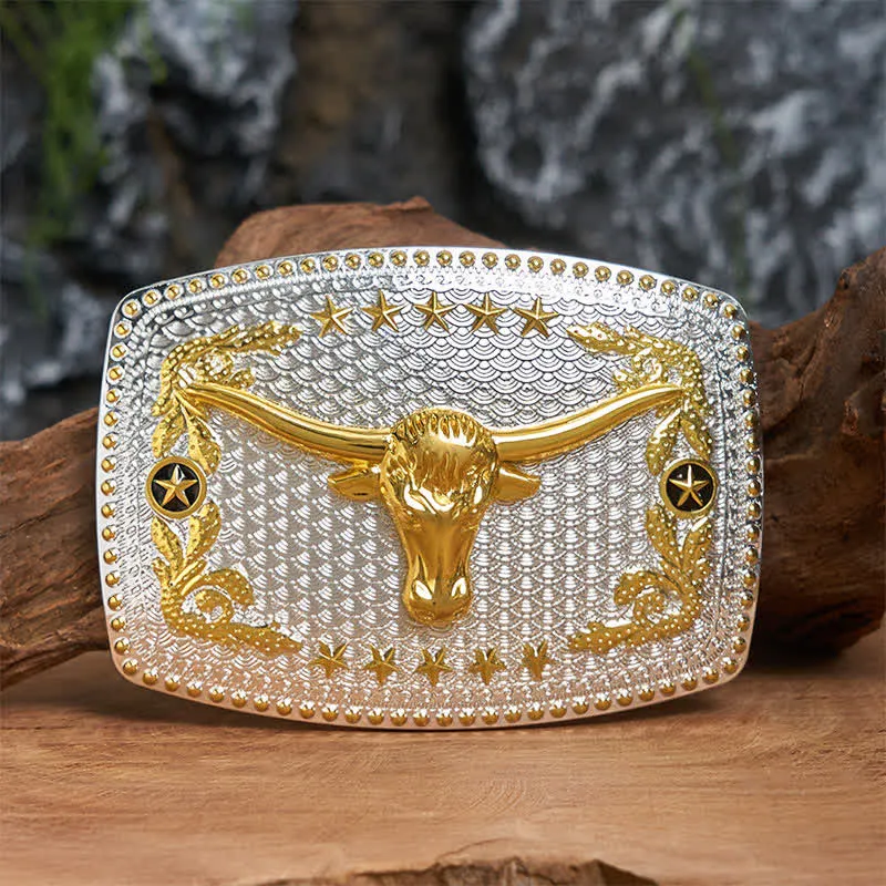 Rectangular DIY Two Tone Bull Head Large Buckle Leather Belt sold by FloralTrip