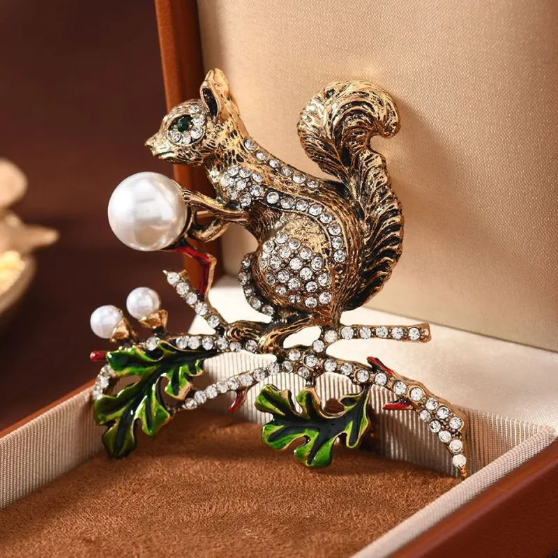 Imitation Pearl Diamond Inlaid Cute Squirrel Brooch made by FloralTrip