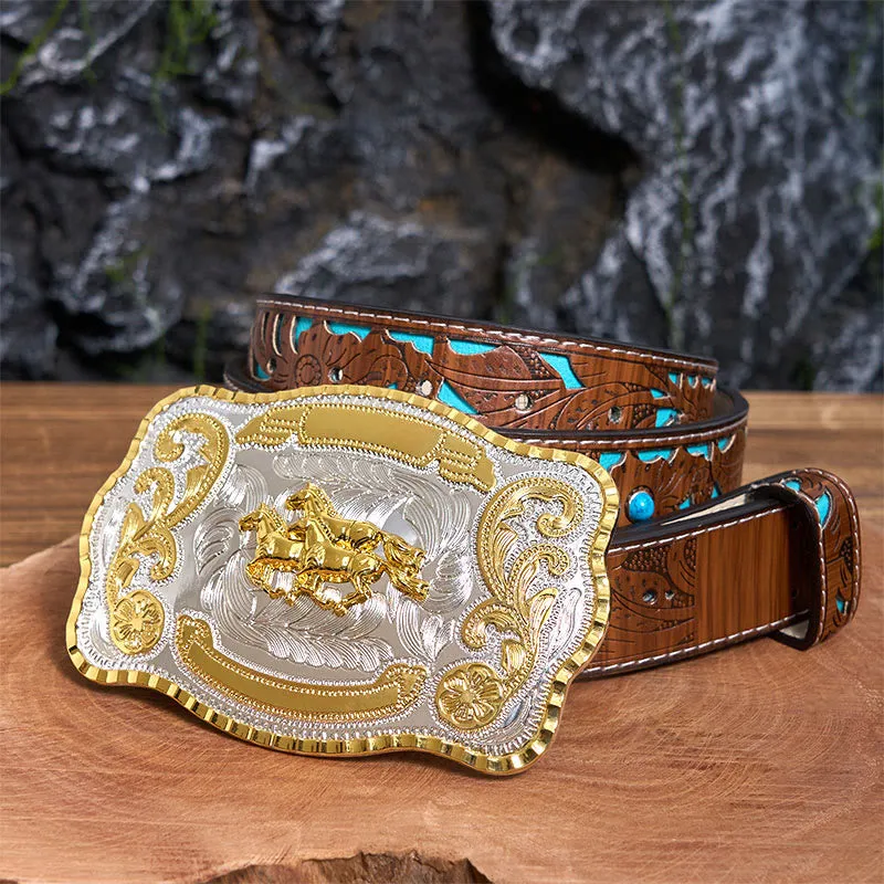 Three Galloping Horses DIY Cowboy Buckle Leather Belt sold by FloralTrip product image thumbnail 5