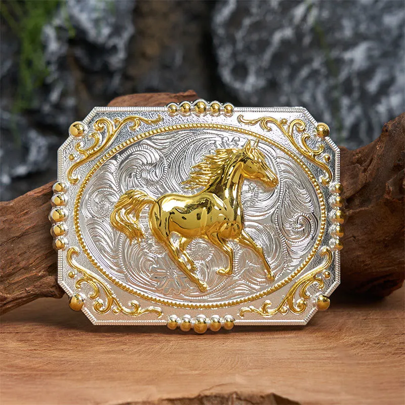 Golden Running Horse DIY Cowboy Buckle Leather Belt sold by FloralTrip