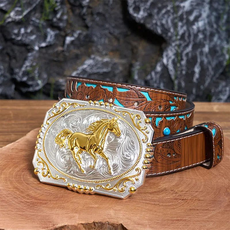 Golden Running Horse DIY Cowboy Buckle Leather Belt sold by FloralTrip product image thumbnail 5