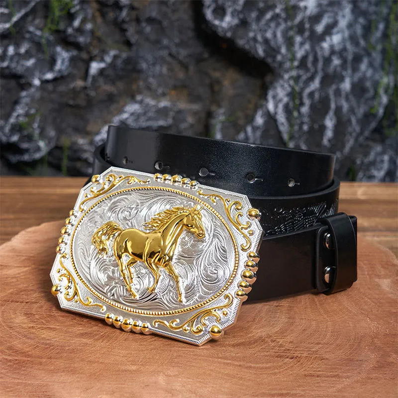 Golden Running Horse DIY Cowboy Buckle Leather Belt sold by FloralTrip product image thumbnail 2