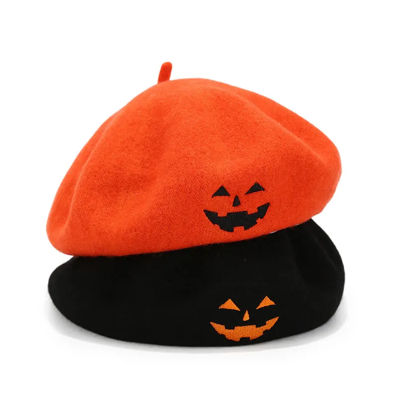 Halloween Cute Smile Embroidered Beret Pumpkin Hat sold by FloralTrip