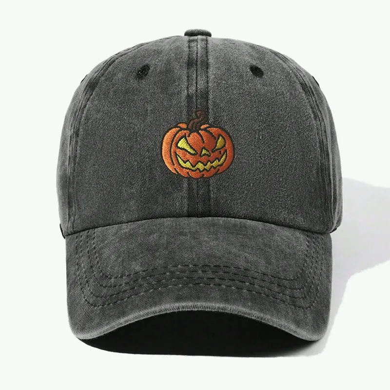 Halloween Pumpkin Head Embroidered Washed Baseball Cap Hat sold by FloralTrip