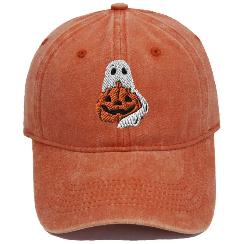 Halloween Ghost & Pumpkin Embroidered Washed Baseball Cap Hat sold by FloralTrip