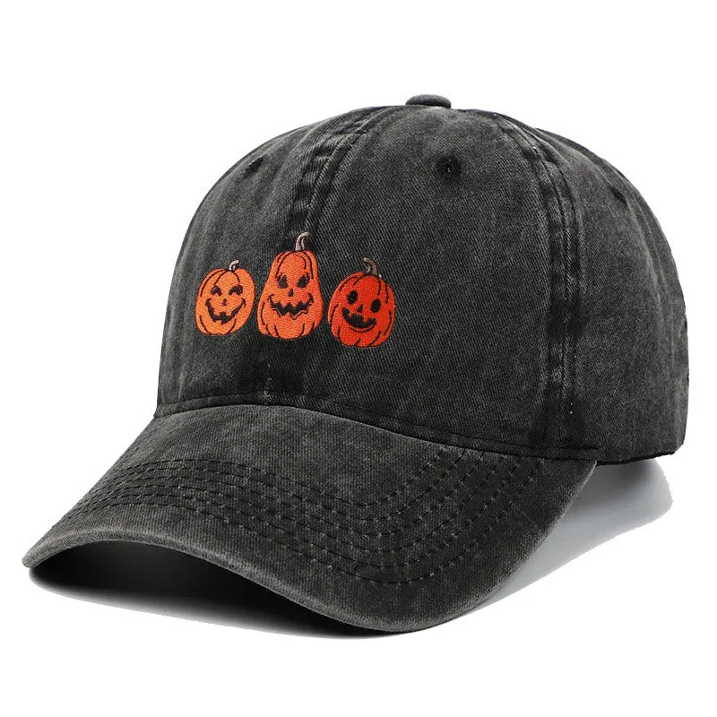 Halloween Three Pumpkins Embroidered Washed Baseball Cap Hat sold by FloralTrip