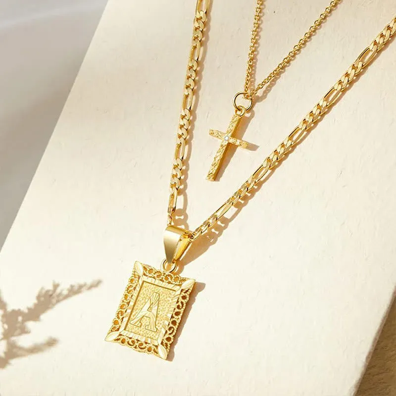 Golden Square Letter & Cross Hollow Necklace Double Chain sold by FloralTrip