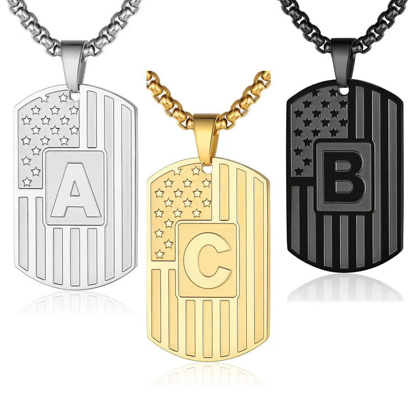 Personalized American Flag Letter Dog Tag Necklace sold by FloralTrip
