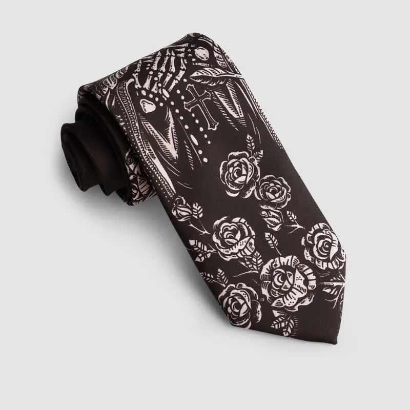Black & White Rose Skull Cross Halloween Party Necktie sold by FloralTrip