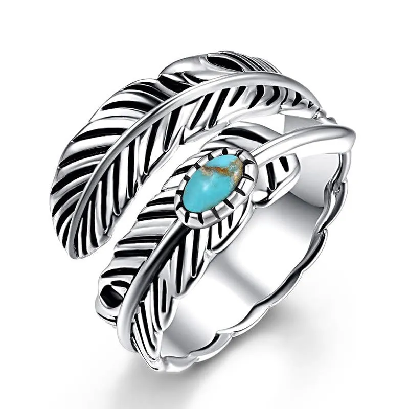 Silver Bohemian Style Inlaid Turquoise Feather Ring sold by FloralTrip