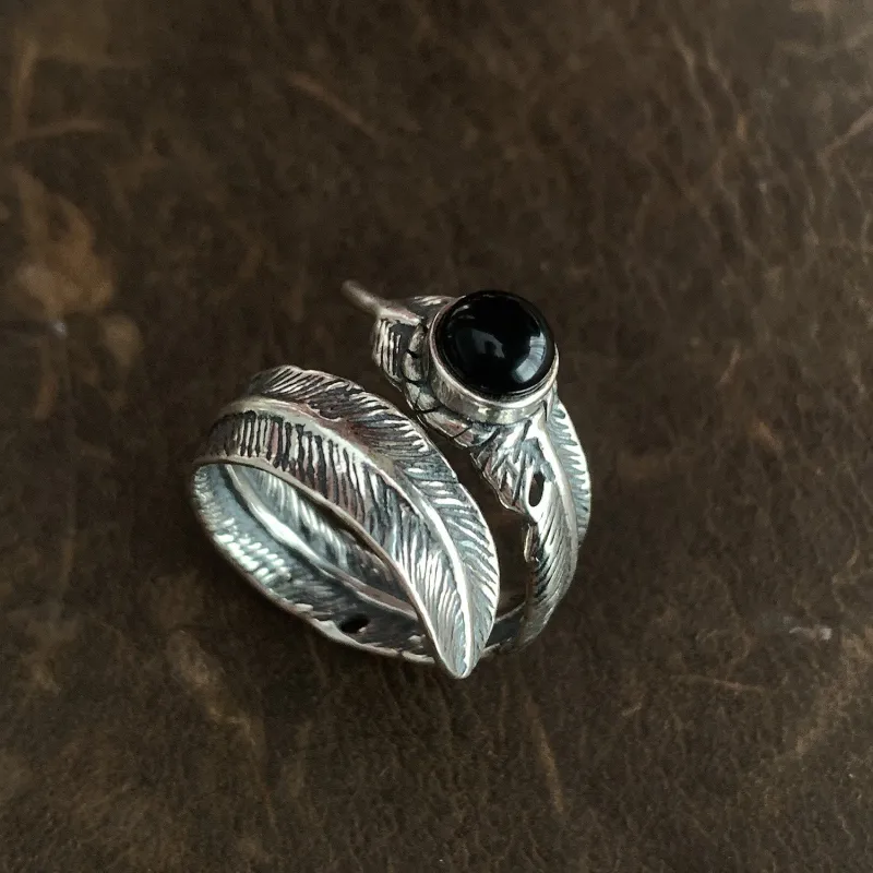 Vintage Silver Enamel Black Dropped Feather Ring sold by FloralTrip