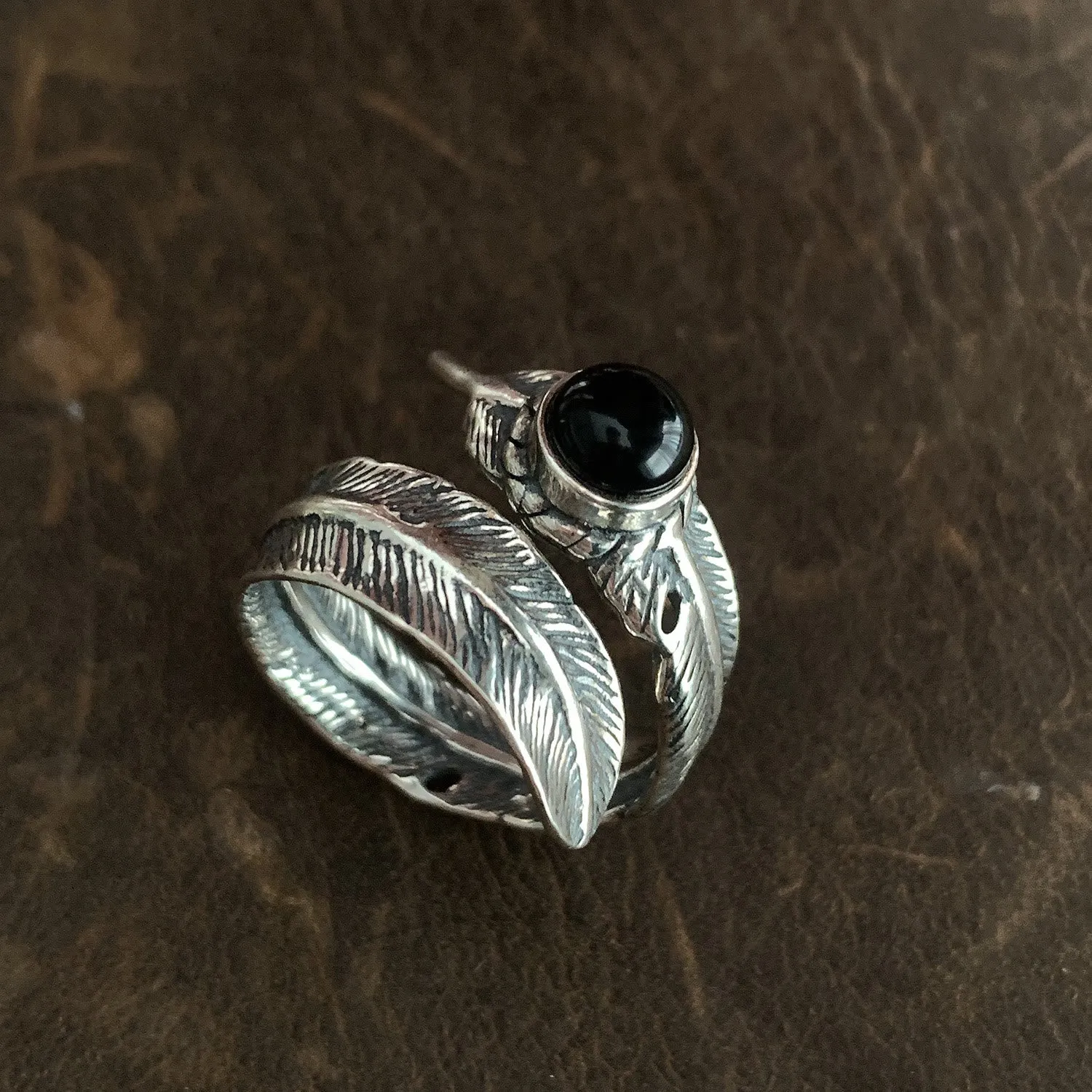 Vintage Silver Enamel Black Dropped Feather Ring sold by FloralTrip